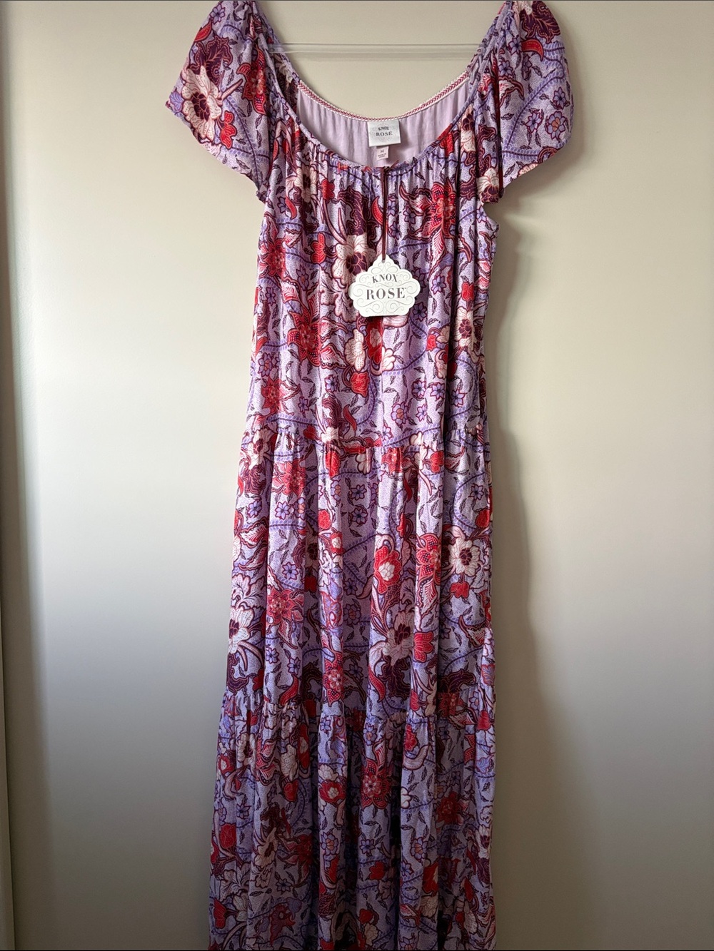 Knox Rose Lavender and Red Floral Tiered Maxi Dress with Pockets